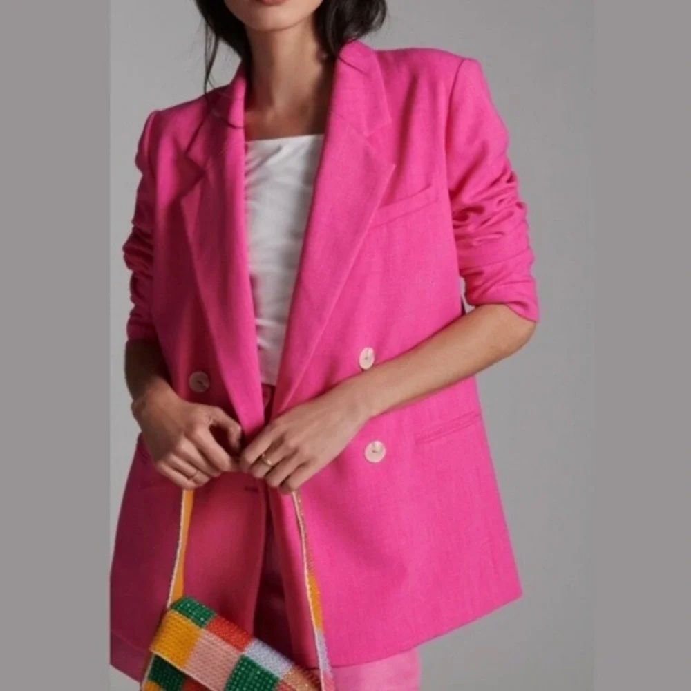 Maeve Anthropologie Blazer Womens 0 Hot Pink Double Breasted Jacket Career Bold - Picture 3 of 16